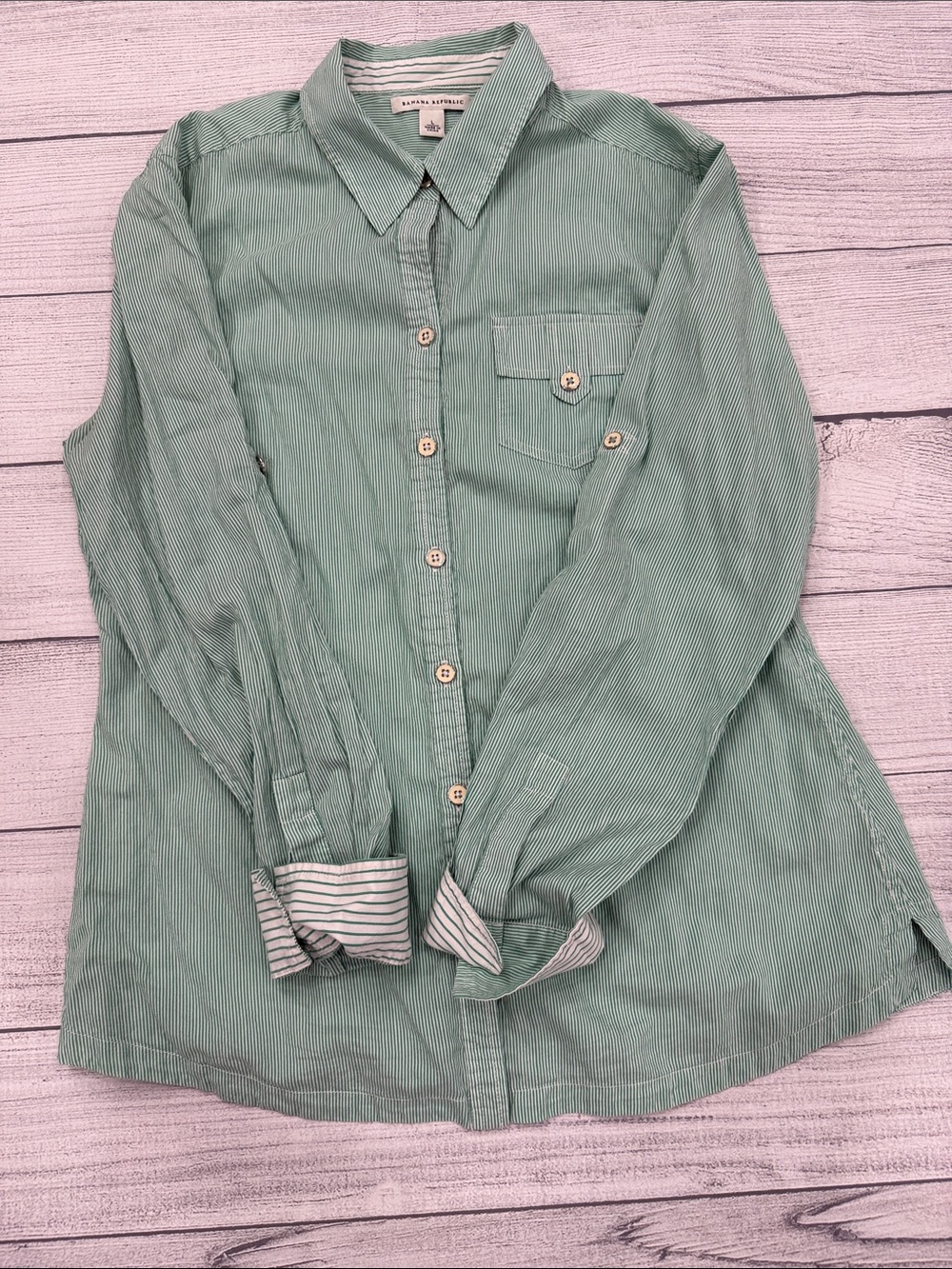 Banana Republic Womens Large Green Stripe Button Front Shirt Top